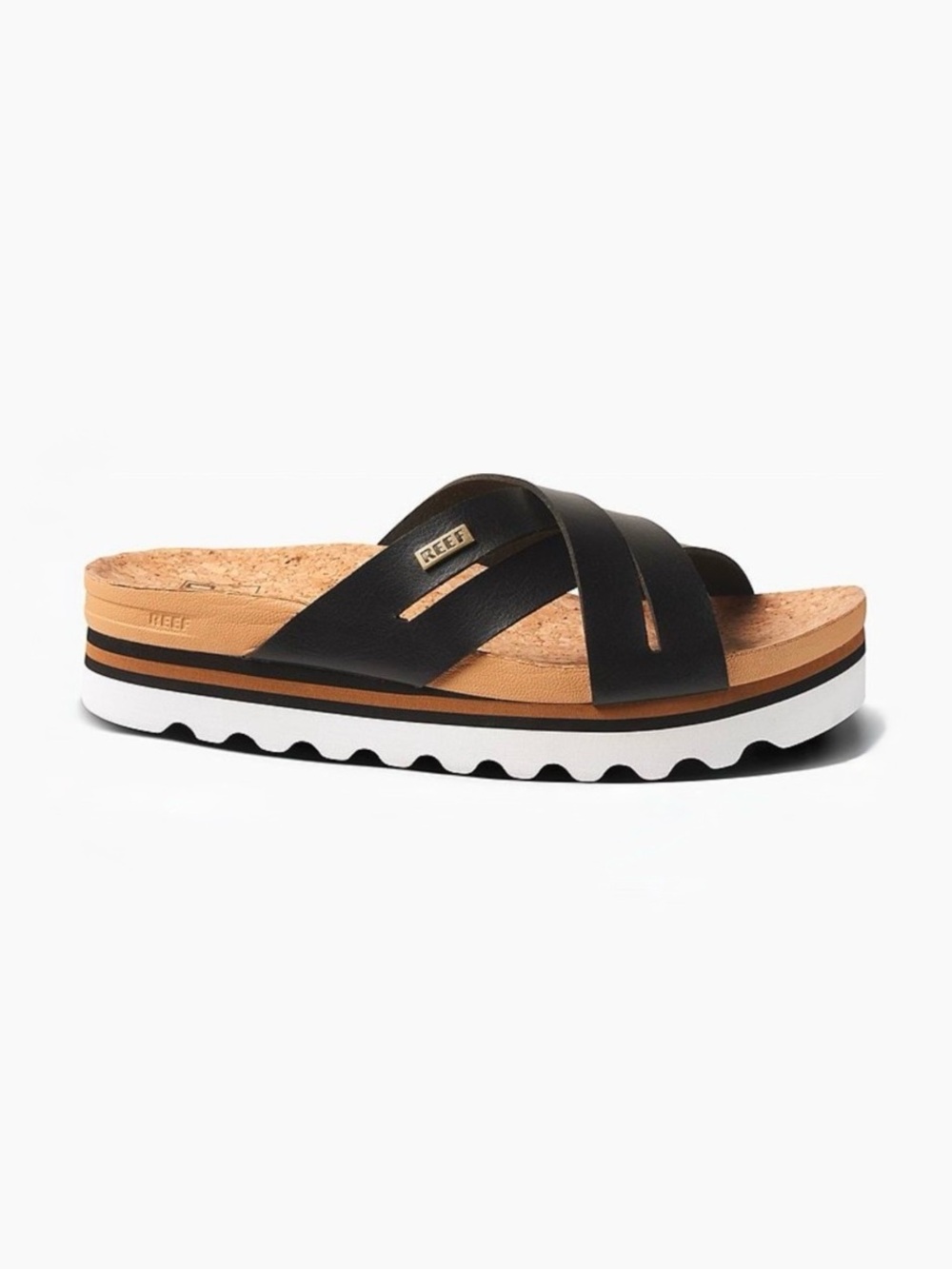 Reef Kaia Cross Strap Black Platform Slide Sandals